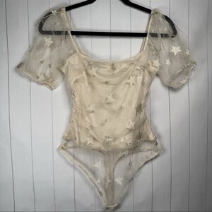 Le Lis Metallic Star Ivory Bodysuit Sheer Puff Sleeve Festival Concert Top Small